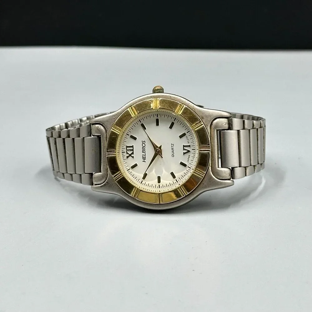 Vintage Helbros Watch Men Silver Gold Two Tone White Dial New Battery 8.5 Inch
